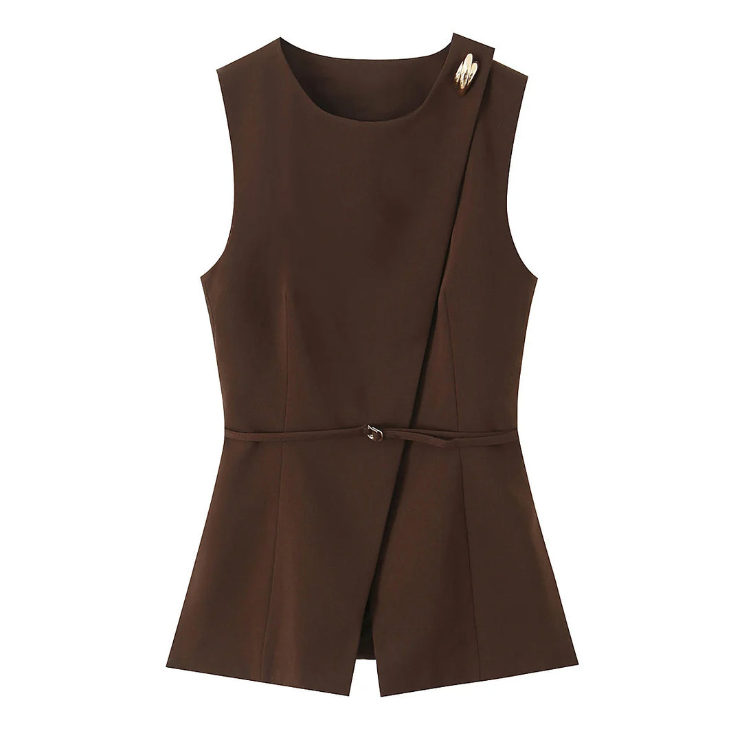 Sweet O-Neck Wrap Belted Vest