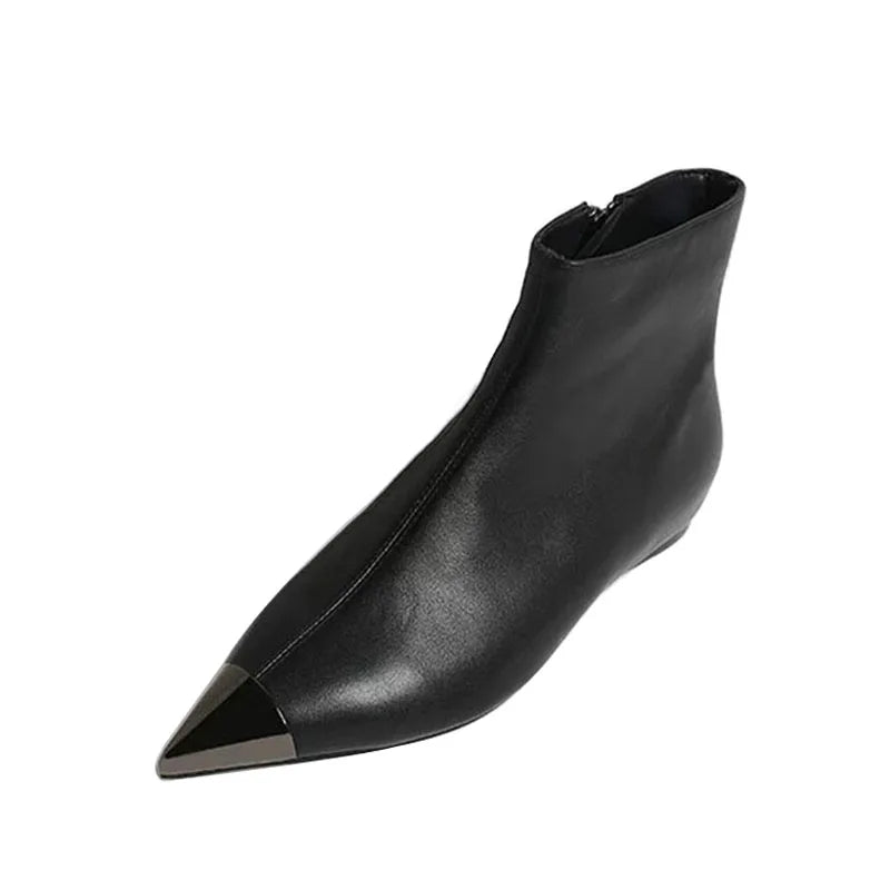 Black pointed-toe ankle heel boot, angled view highlighting the tapered toe.