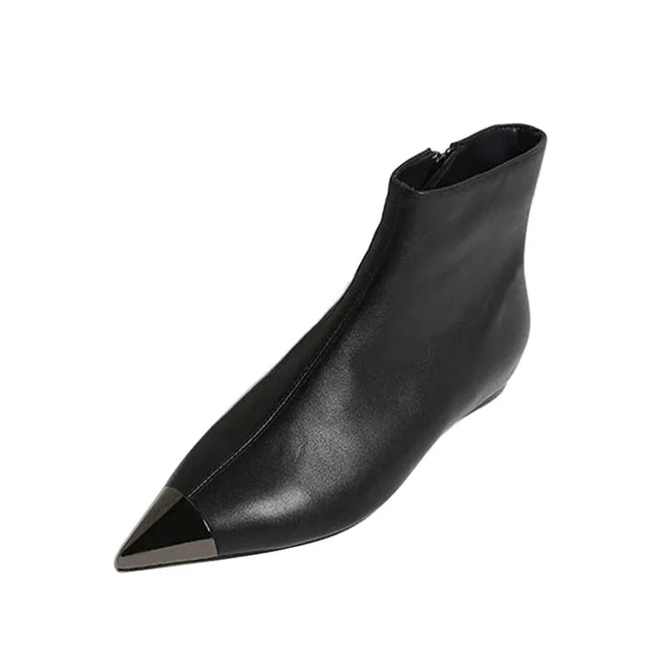 Black pointed-toe ankle heel boot, angled view highlighting the tapered toe.