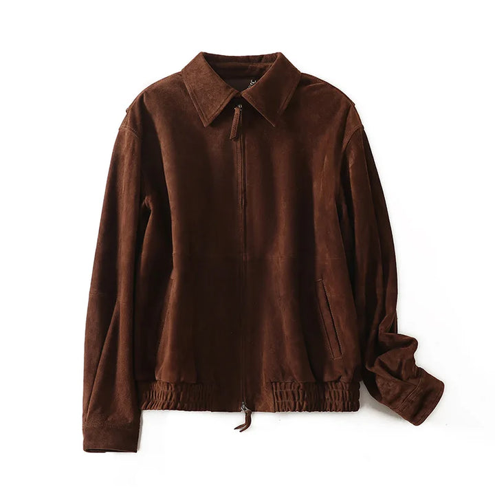 Dark brown suede bomber jacket for women with stand collar and front zipper.