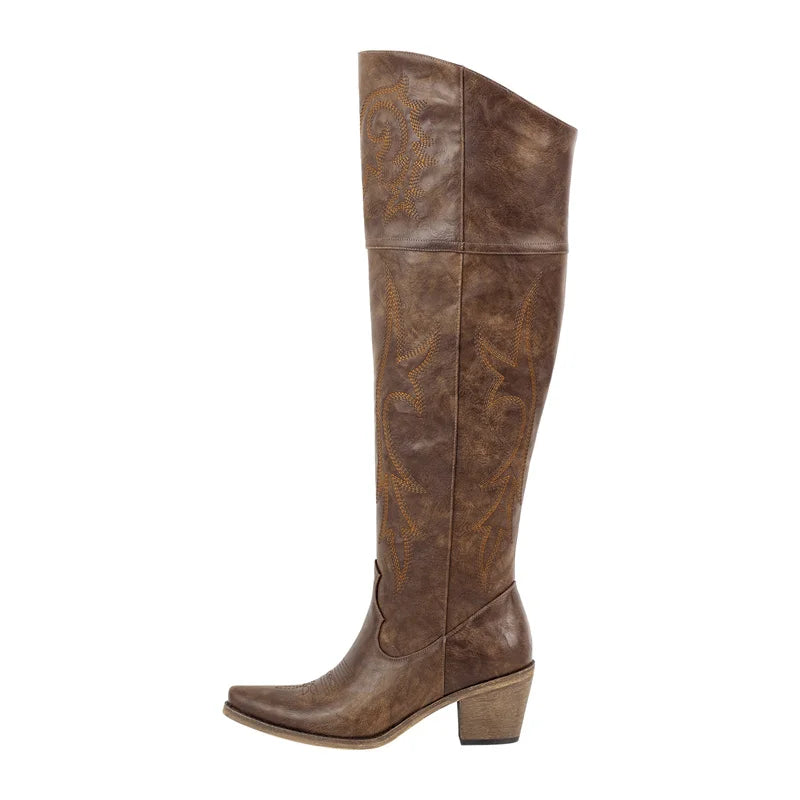 Brown knee-high pointed-toe boots with block heel and textured shaft paneling.