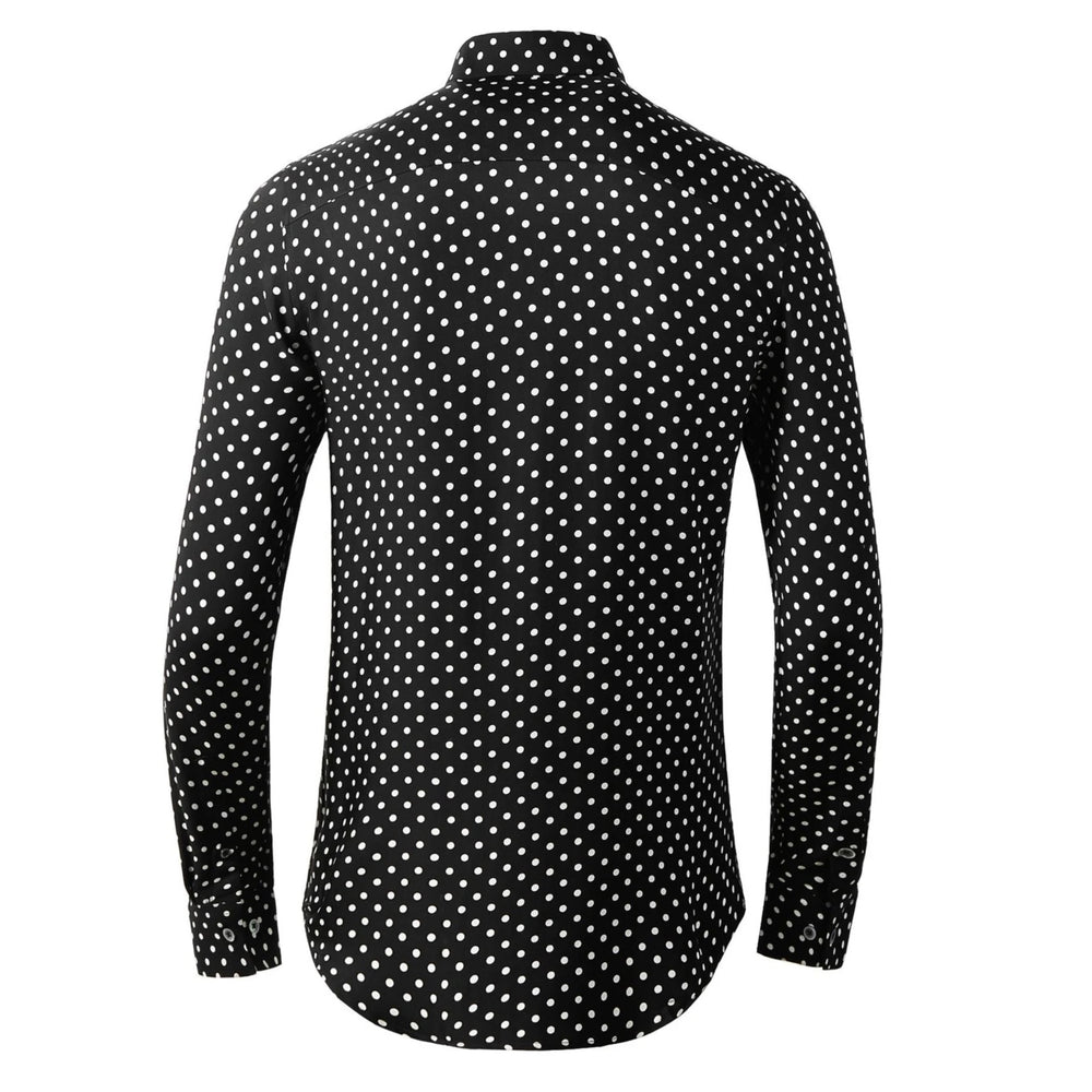 Men's black polka dot cotton dress shirt, back view, long sleeves