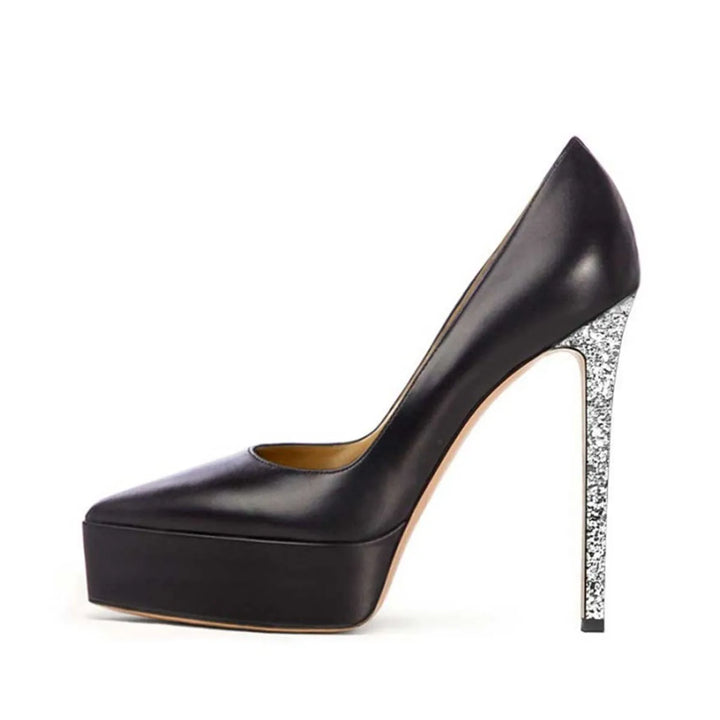 Black leather platform stiletto pumps with silver glitter heel, side view