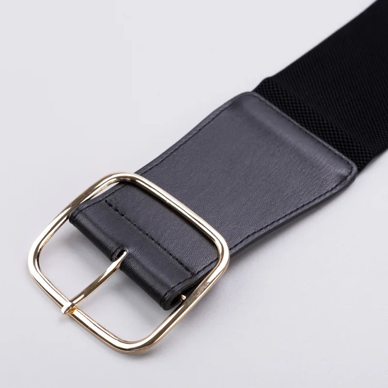 Black PU leather belt with gold-tone metal buckle