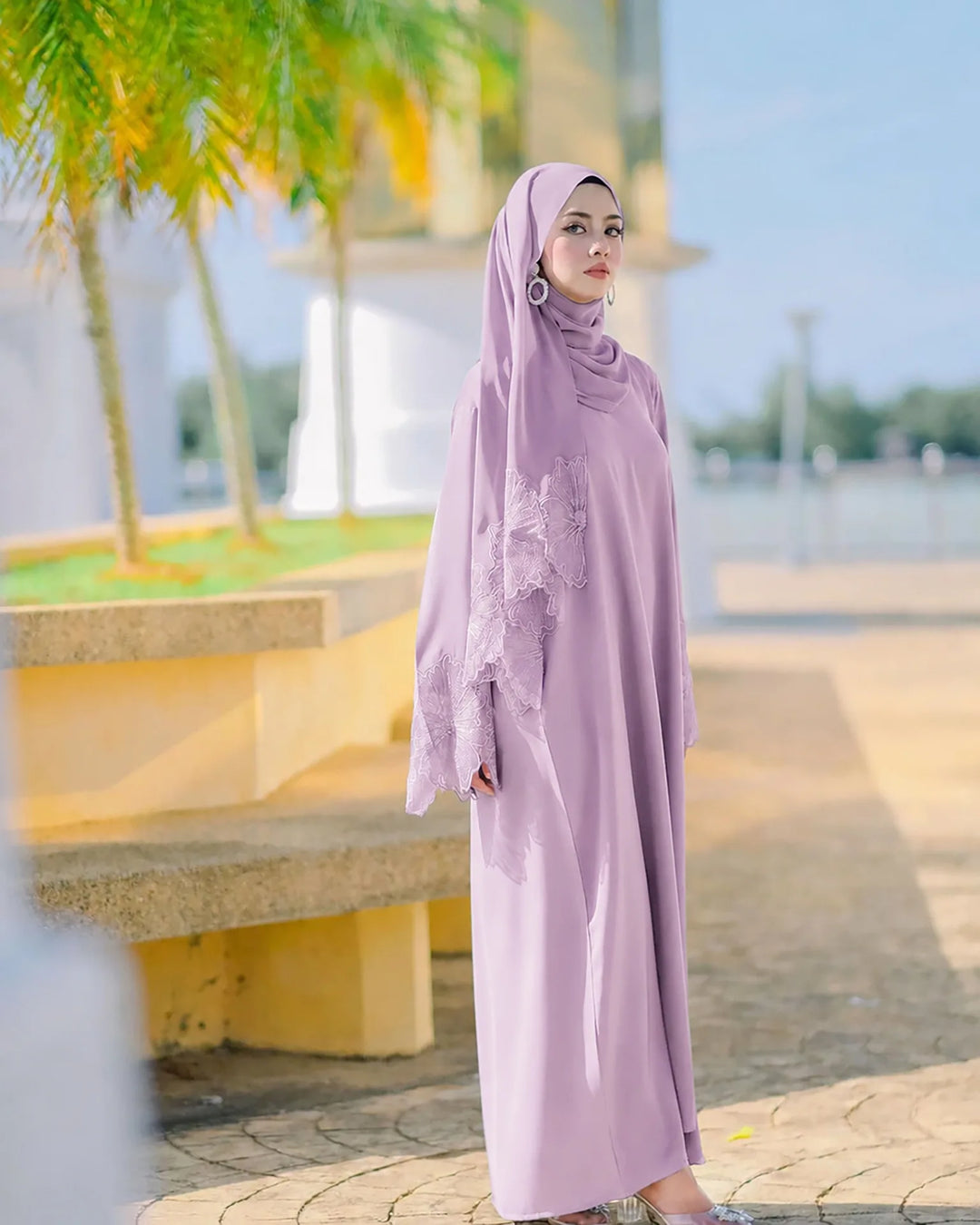 Lavender modest abaya dress with matching headscarf, lace detail on sleeves