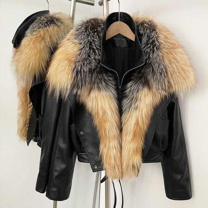 Elegant Real Cropped Fur Biker Coat