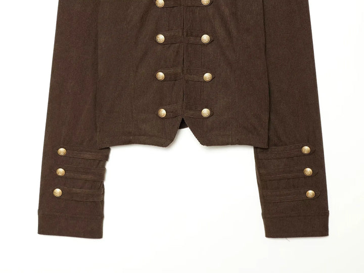 Brown cropped slim-fit coat with double-breasted gold buttons and cuff details