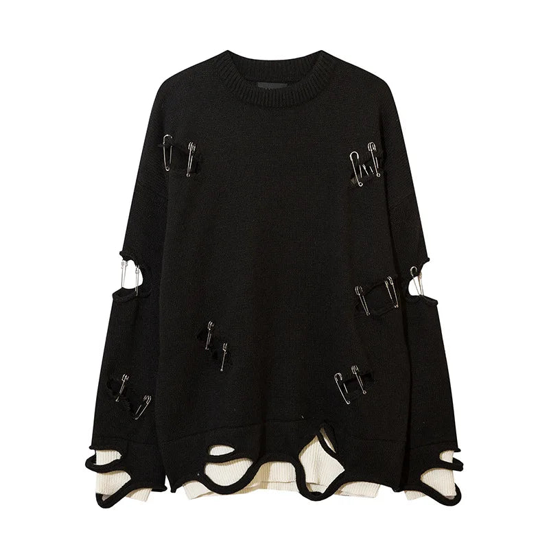 Vintage Pin Ripped Hole Women Jumper