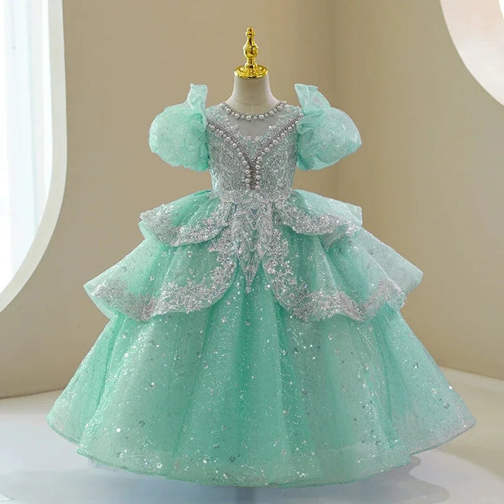 Sparkly Beaded Ruffle Tulle Girl's Gown