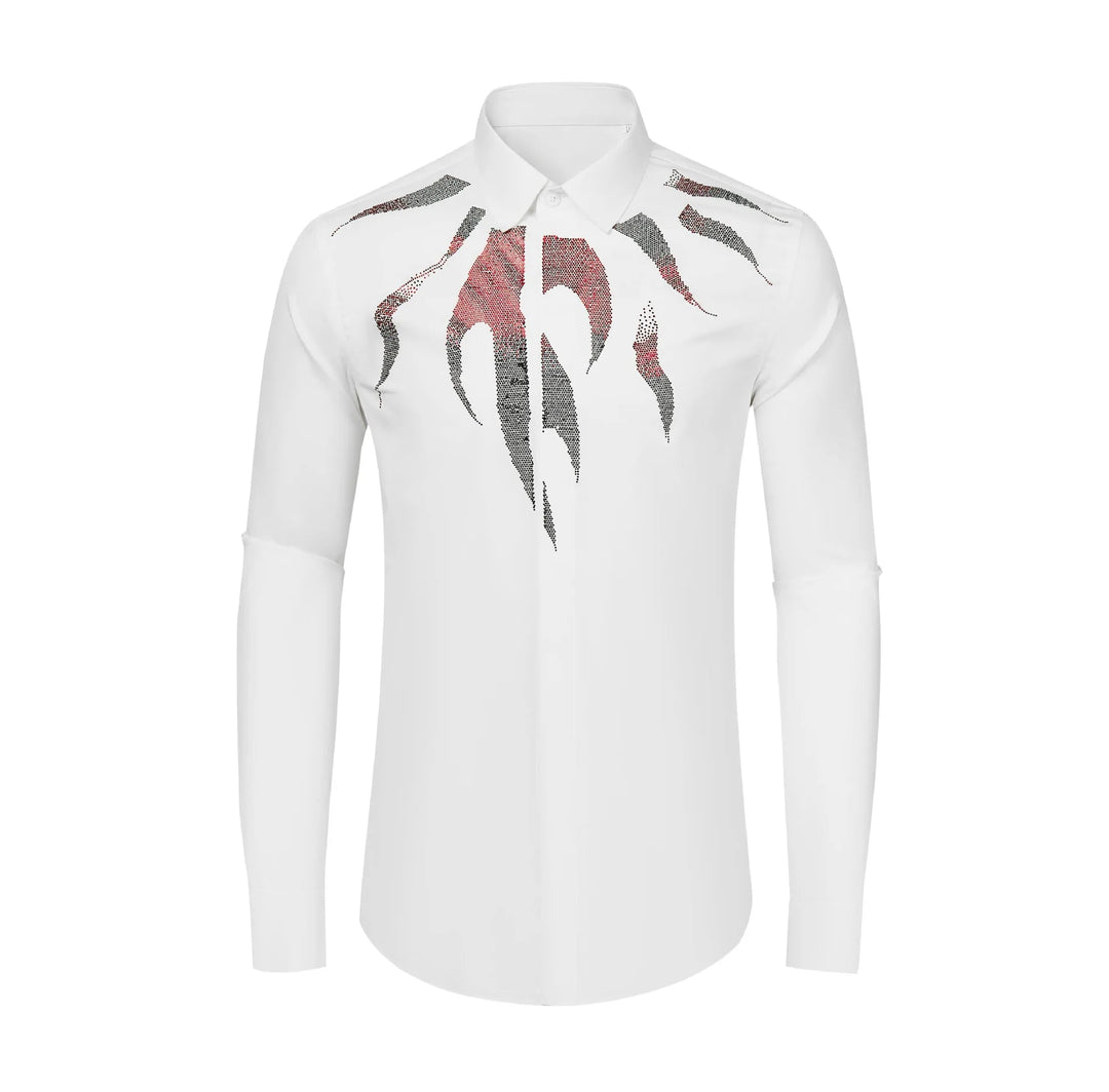 White slim-fit men’s rhinestone dress shirt with abstract chest pattern