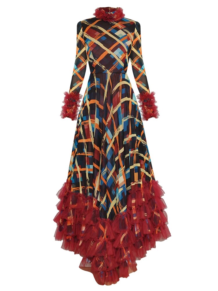 Vintage Print Women's Mesh Ruffles Maxi Dress