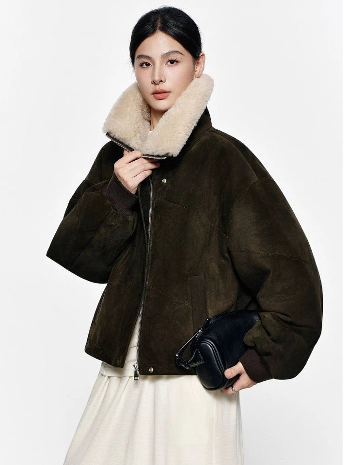 Dark olive suede cropped jacket with cream shearling collar and snap front
