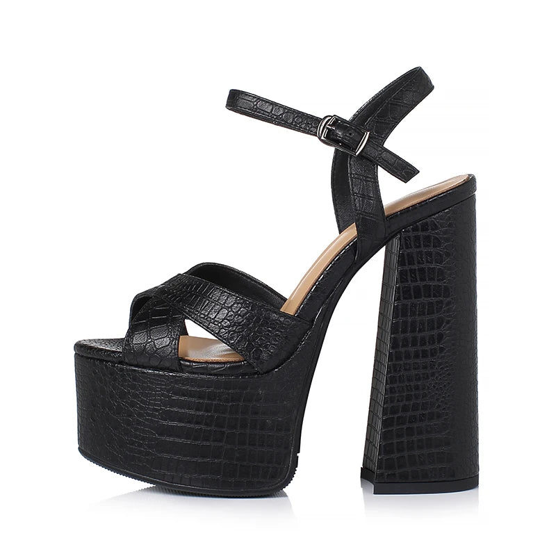 Women’s platform heel sandals with embossed black ankle strap and open toe