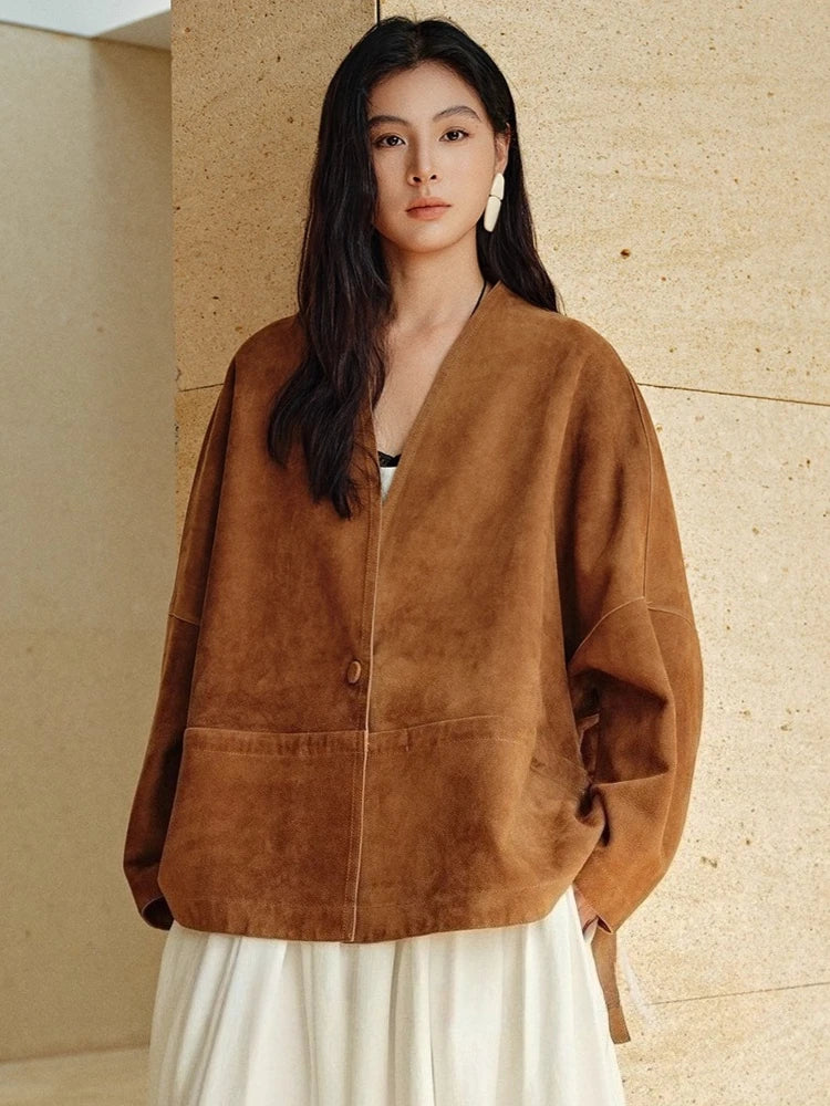 Camel brown suede women's jacket with snap buttons and V-neck front