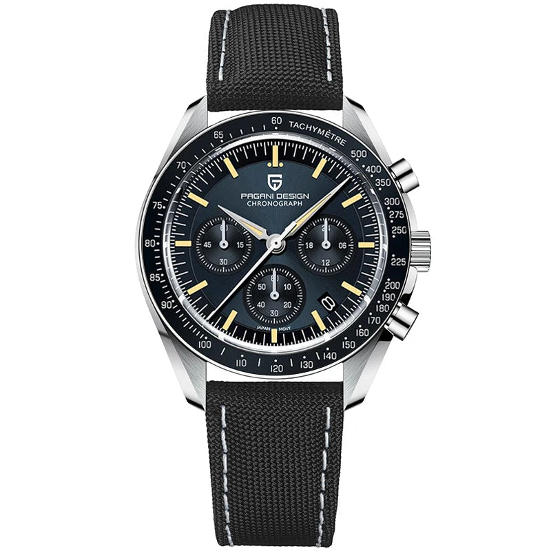 Pagani Design watch with black strap and detailed face on a white background