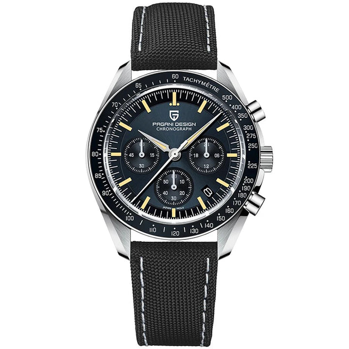 Pagani Design watch with black strap and detailed face on a white background