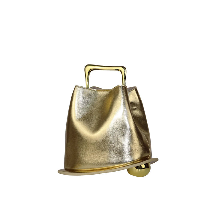 Gold metallic leather crossbody bag with top handle and folded drawstring front