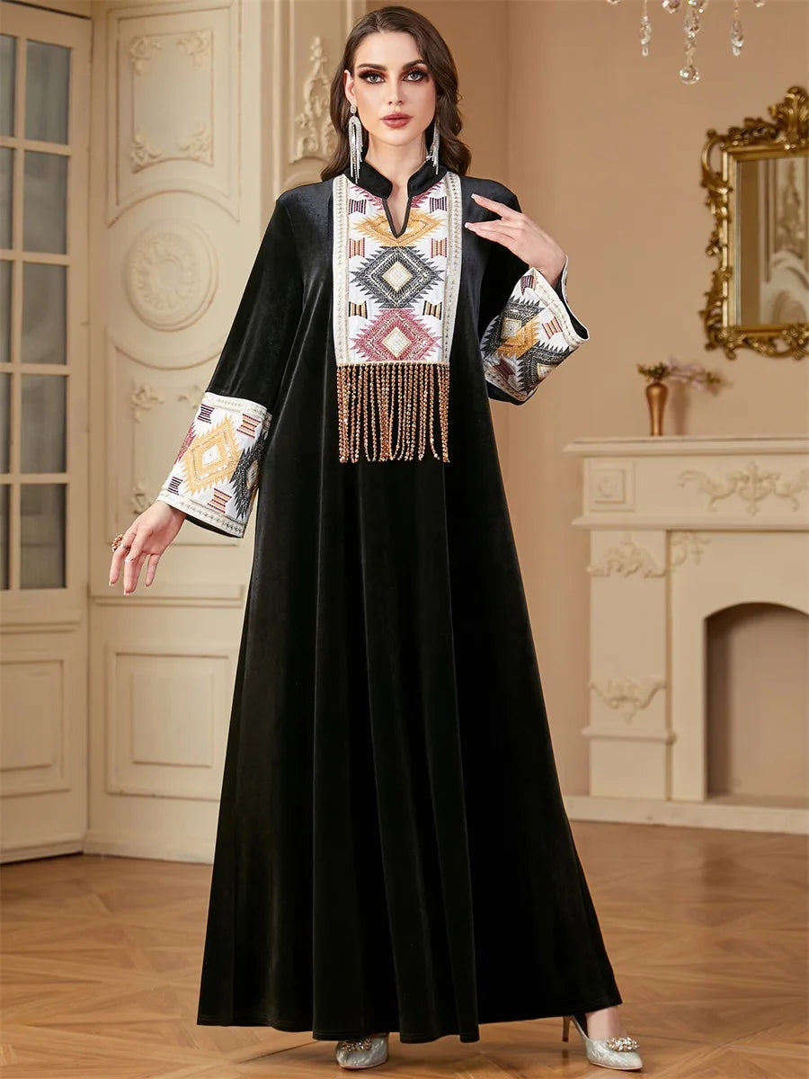 Stunning Notched Stand Collar Abaya Dress