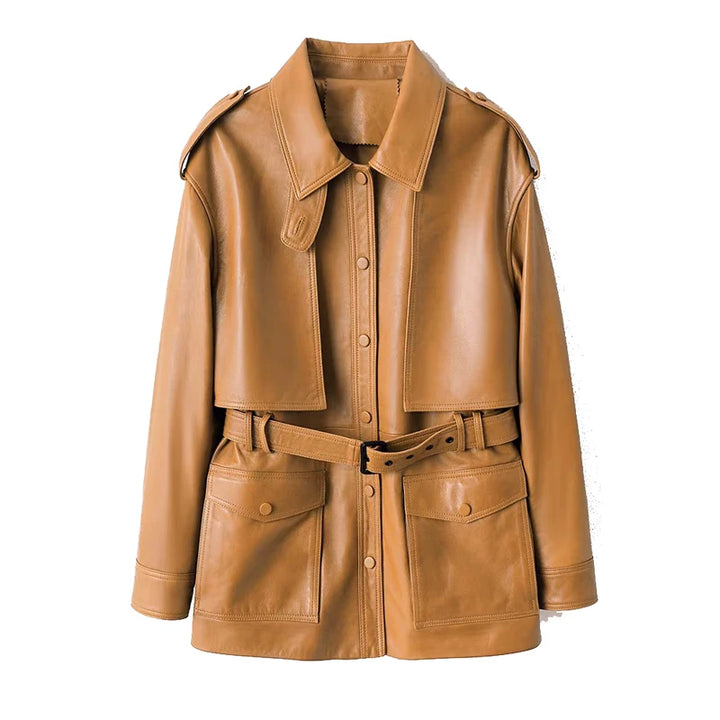 Tan-brown leather coat with point collar, snap buttons, chest tabs, and dual front pockets