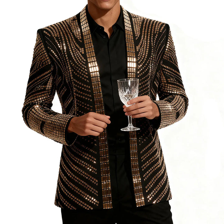 Black rhinestone blazer with gold vertical trim and notch lapels, front view