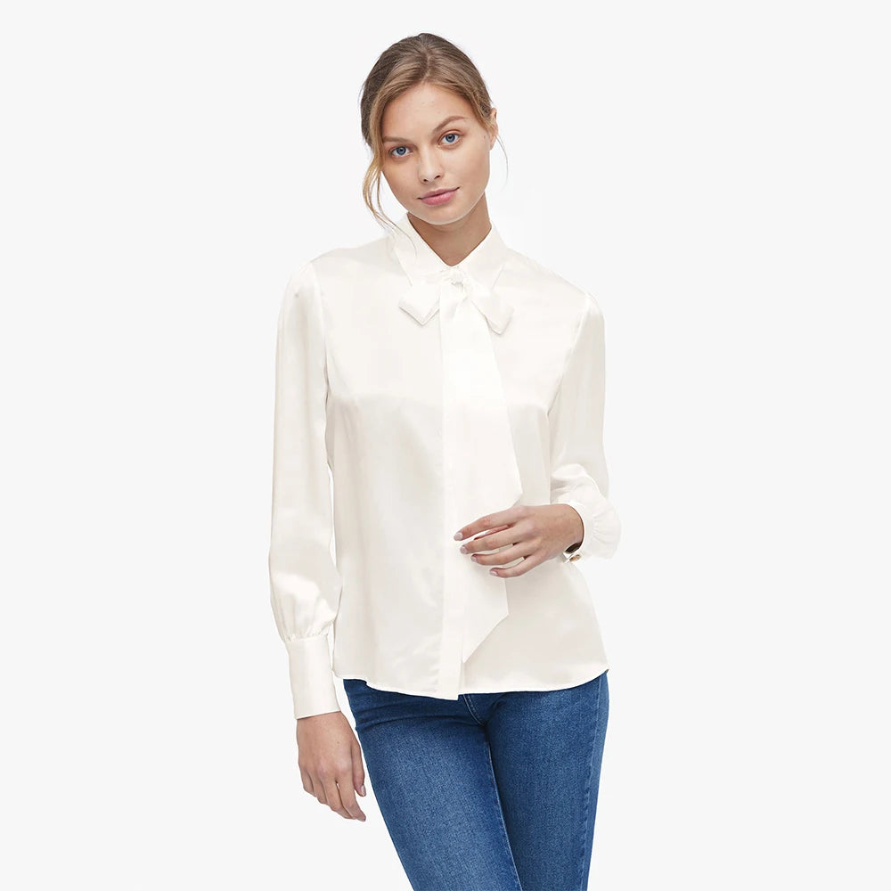 Refined Pure Silk Bow Tie Blouse