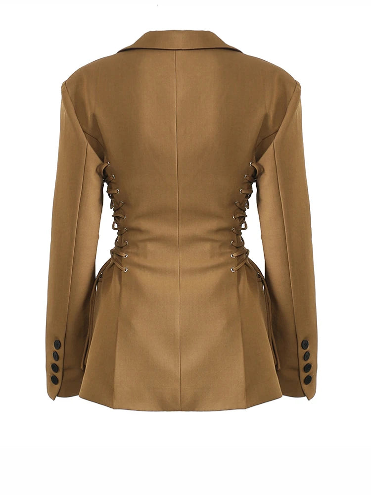 Women’s slim fit lapel blazer back view in tan brown with lace-up side detail and buttons