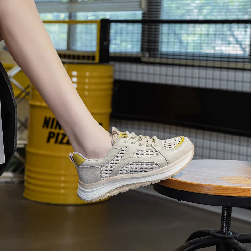 Women's lace-up woven mesh sneakers in beige with yellow trim on the side