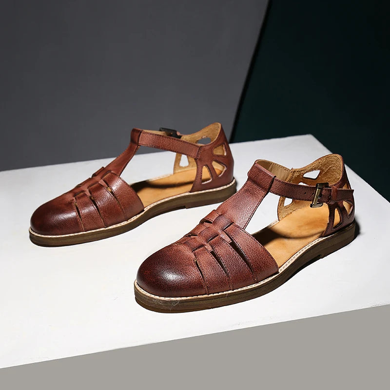 Round-toe Oil Slick Leather Sandals