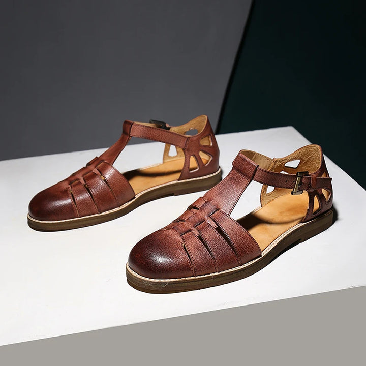 Round-toe Oil Slick Leather Sandals