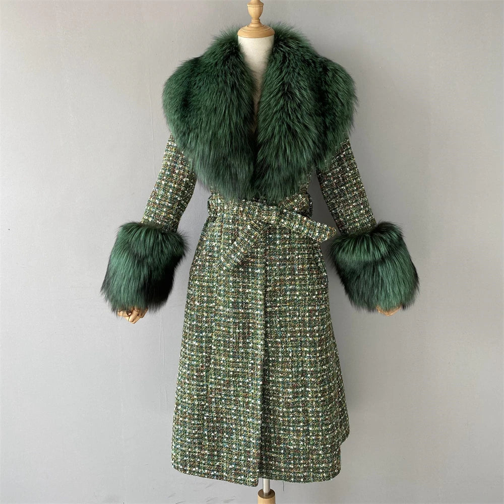 Luxury Big Real Fur Collar Trench Coat