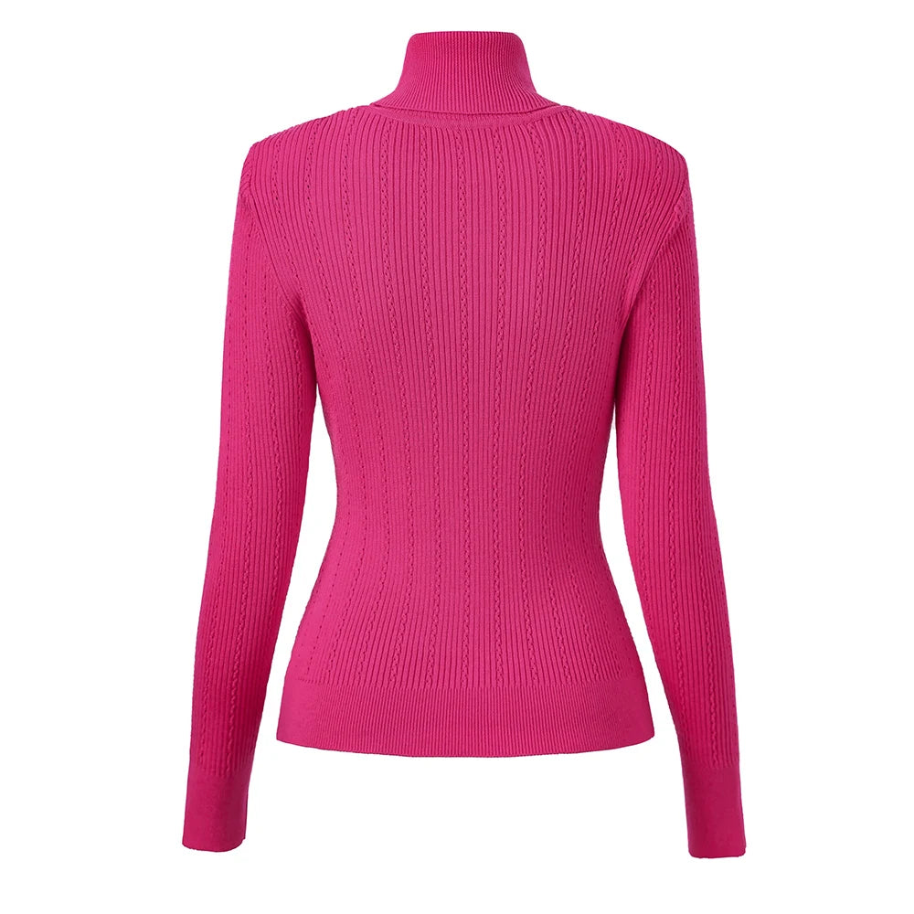 Fuchsia ribbed knit turtleneck pullover sweater, long sleeves