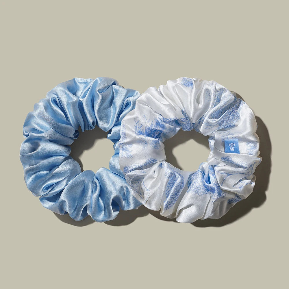 Light blue and white satin scrunchie ponytail hair bands with gathered texture