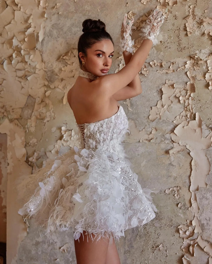White lace mini A-line wedding dress, open back with floral applique straps