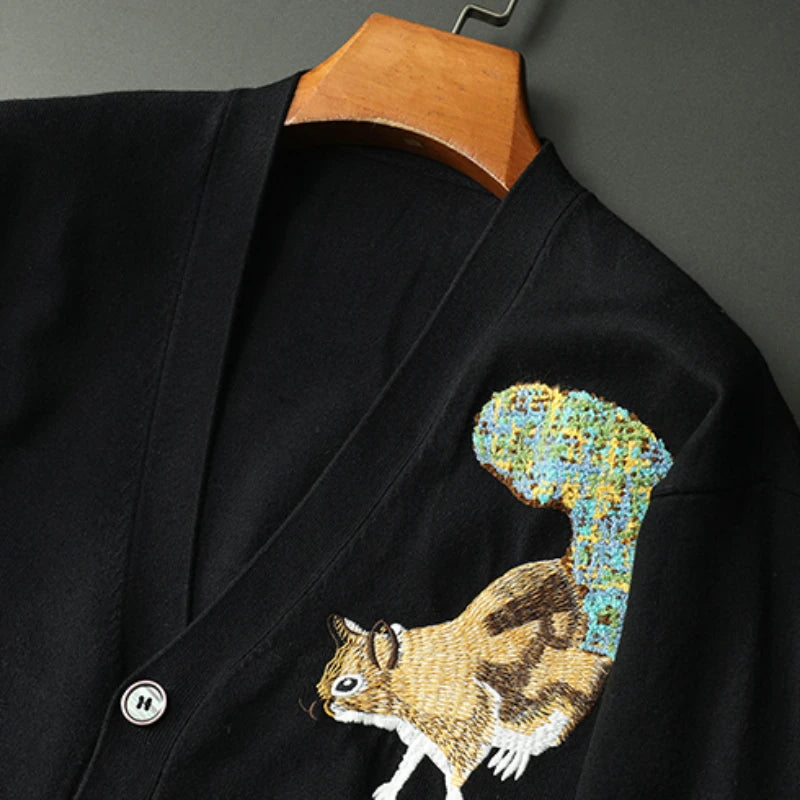 Animal Embroidery Men's Cardigan Sweater