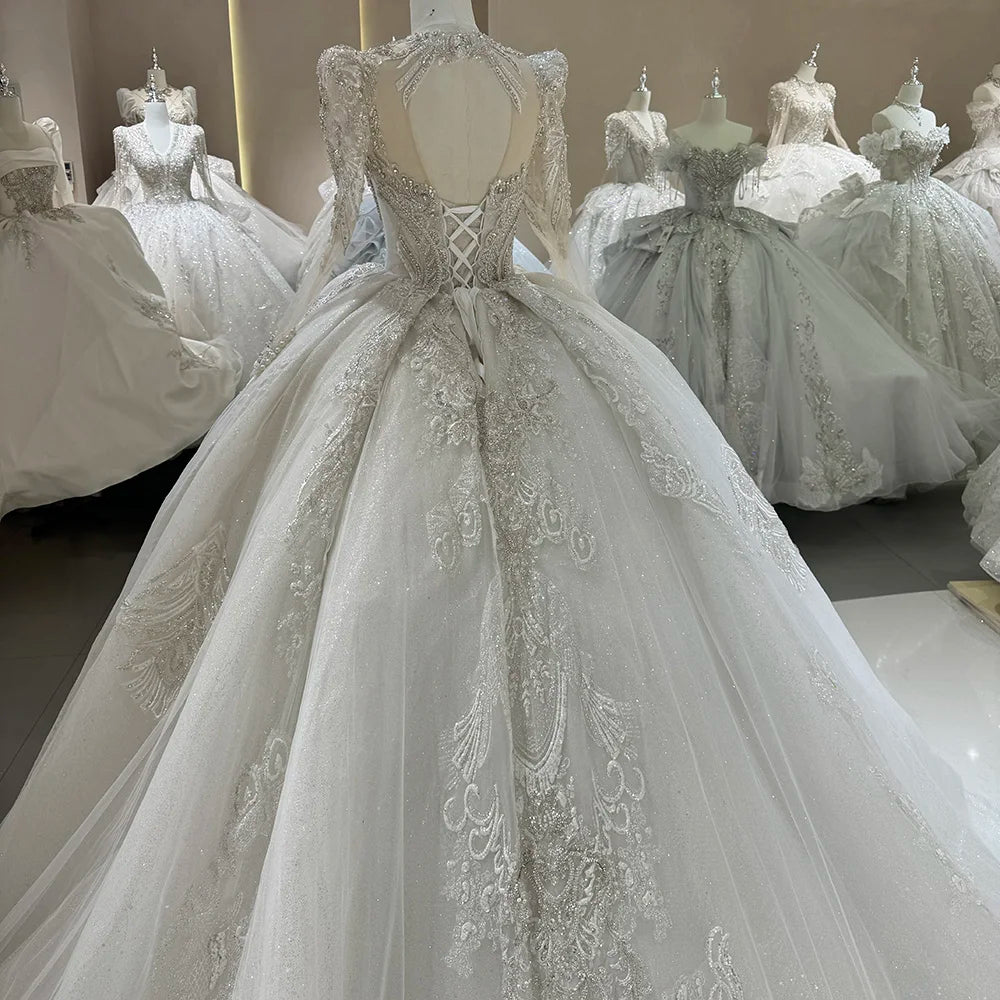 Superbe robe de mariée personnalisée à paillettes, manches longues, dos nu, vente en gros, DW0085
