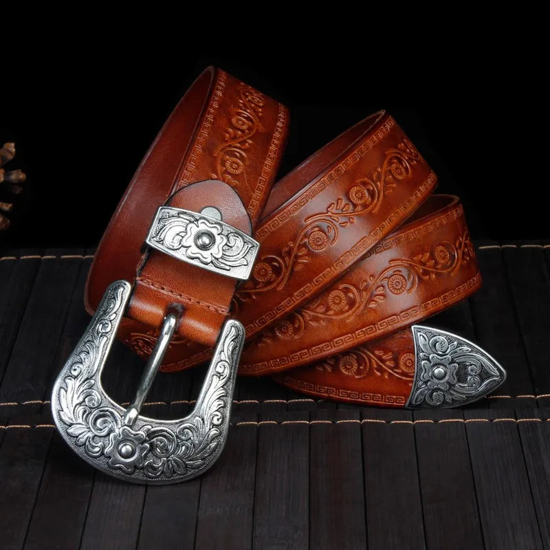 Punk Embossed Western Cowboy Leather Belt