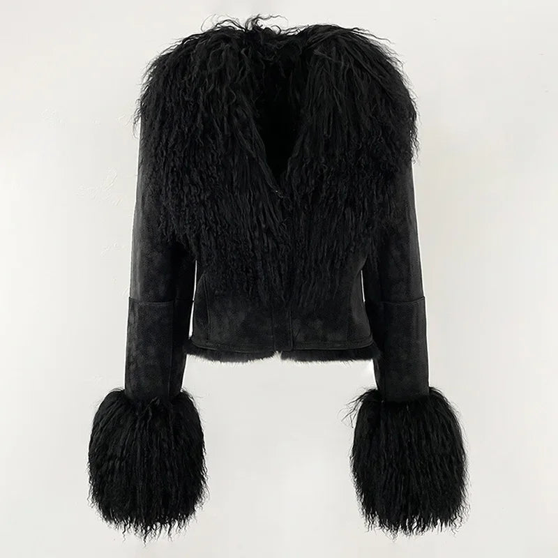 Genuine Mongolian Suede Wool Fur Coat