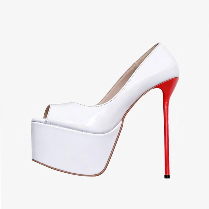 White platform peep-toe pump with red stiletto heel