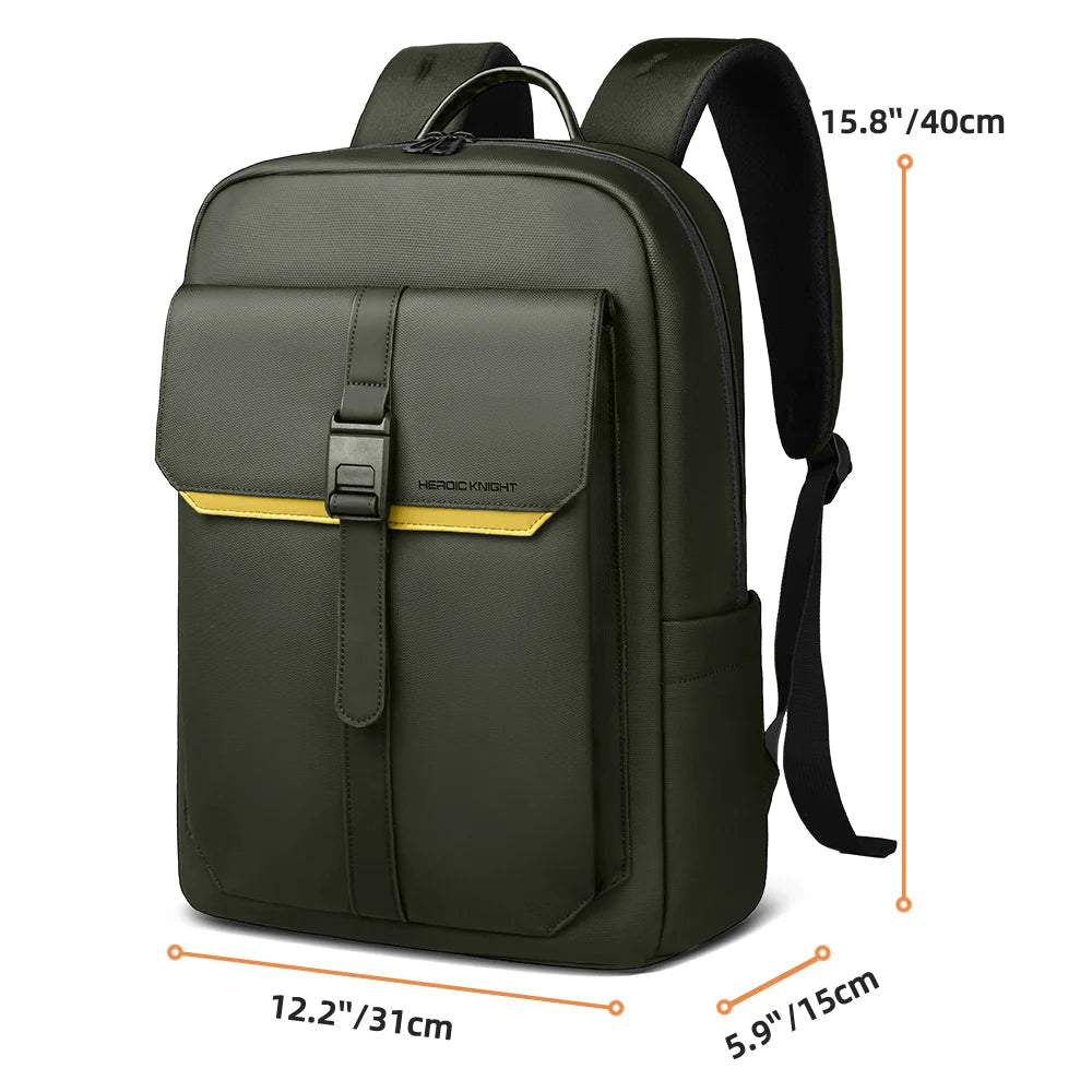 Green waterproof laptop backpack with front flap and yellow stripe across the pocket
