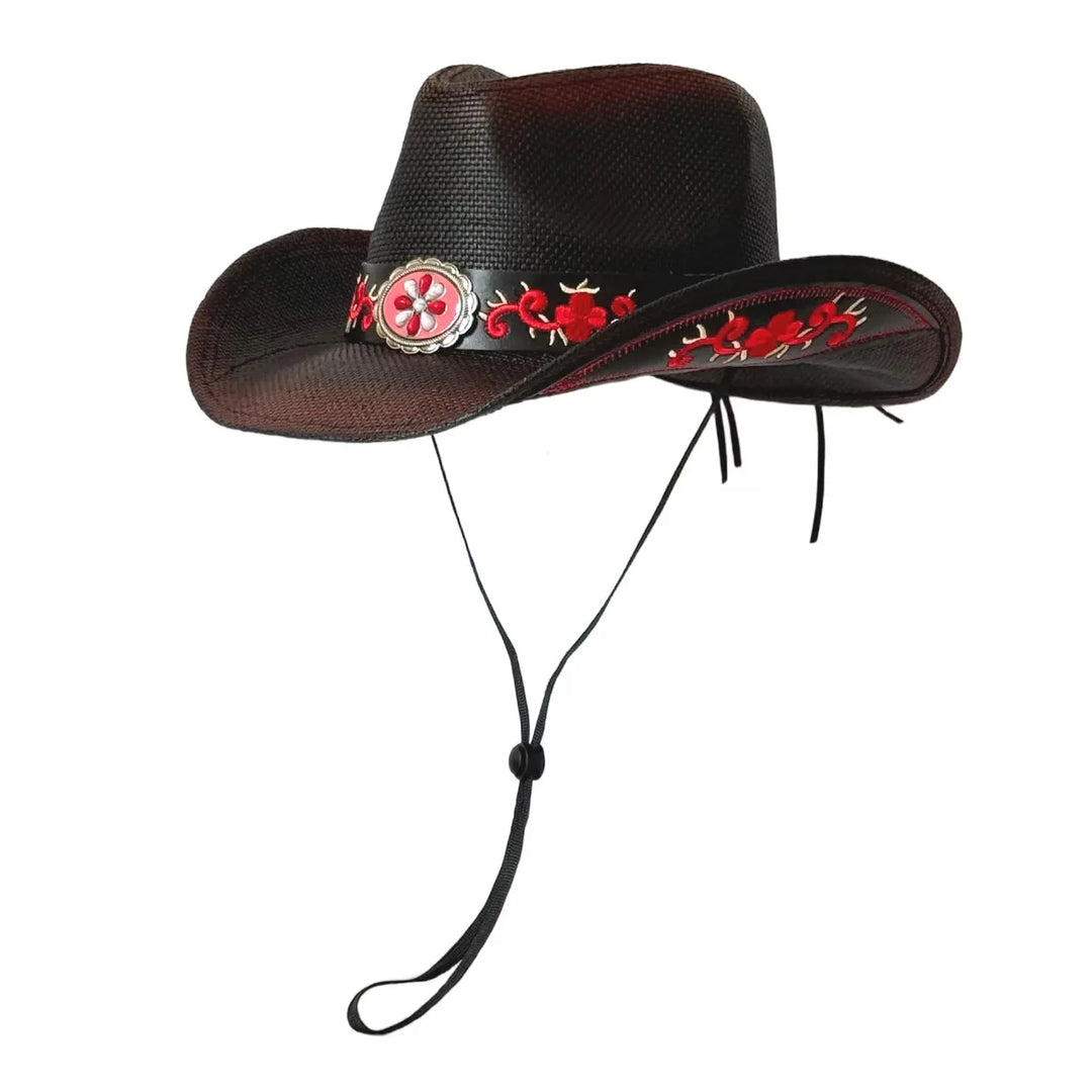 Embroidered cowboy sun hat, dark brown with red floral band and beadwork, drawstring tie