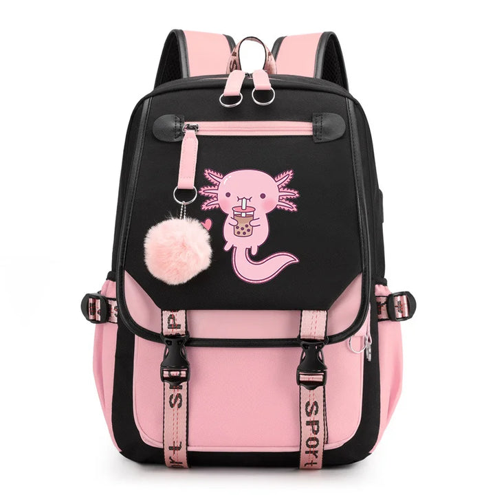 Black travel backpack with pink trim, cartoon cat patch, front zip pocket, fuzzy ball charm