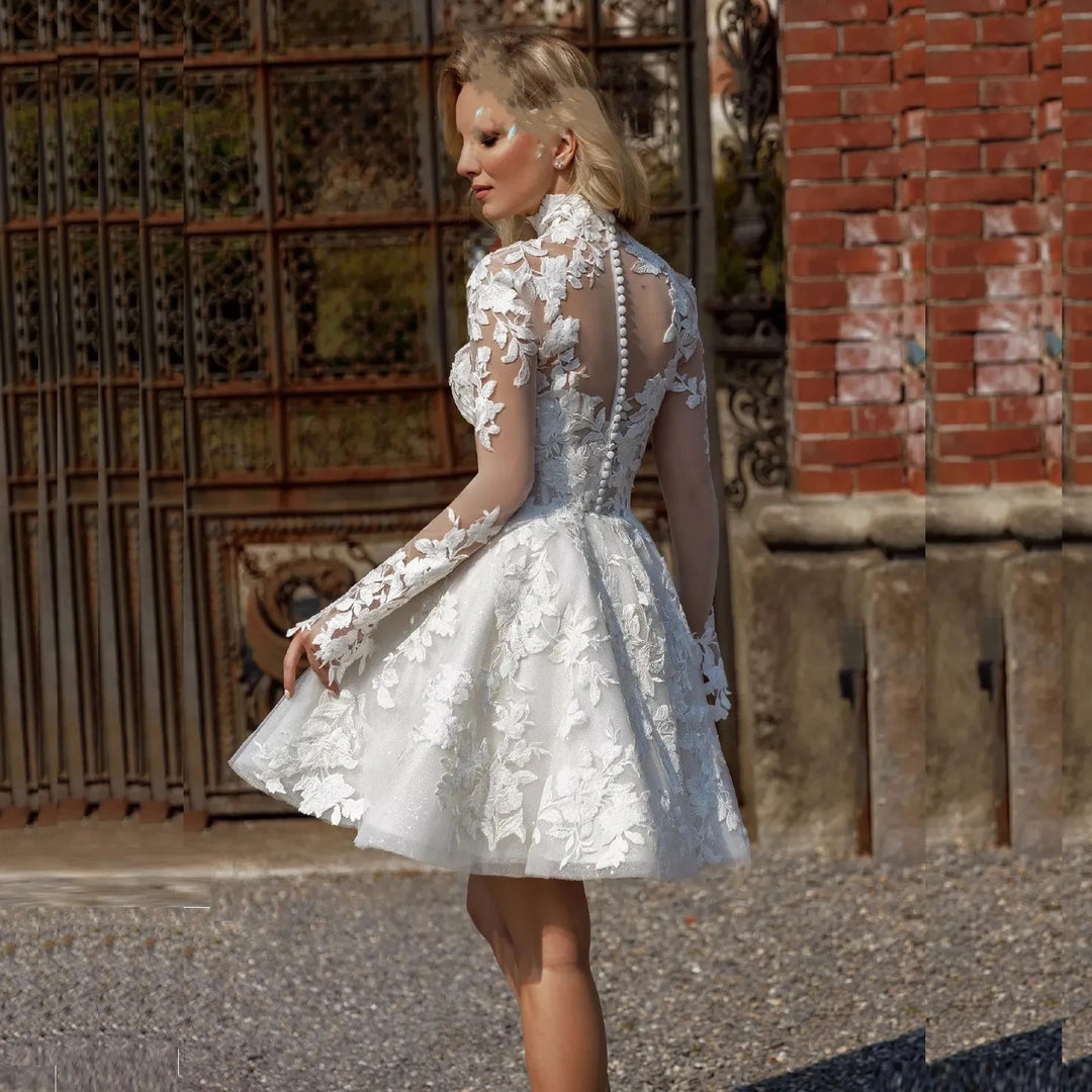 Luxury Full High Neck Short Wedding Gown