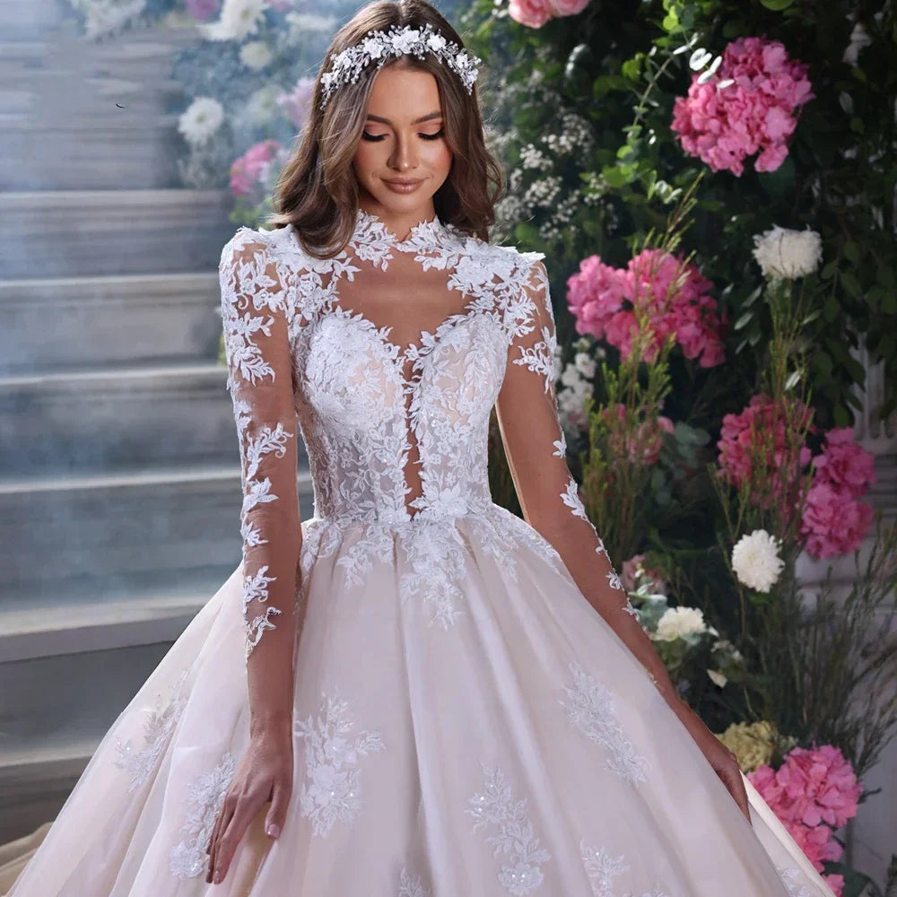 Regal Tulle Lace Long Sleeves Bridal Dress
