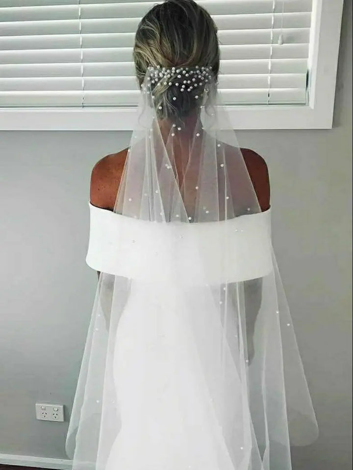 Lovely Pearl Beaded Soft Bridal Veil