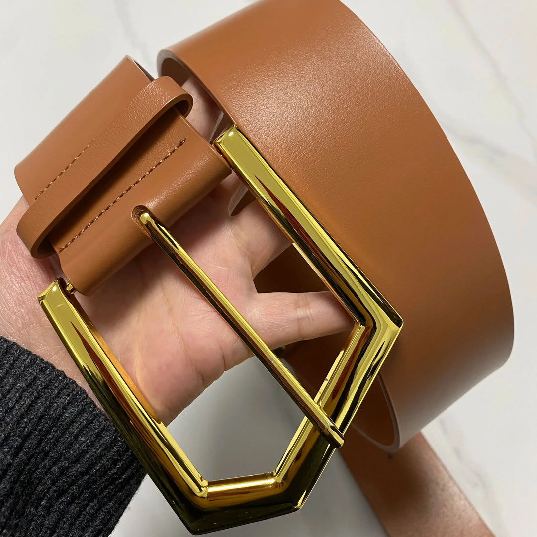 Brown leather corset waist belt with gold-tone rectangular buckle and prong closure