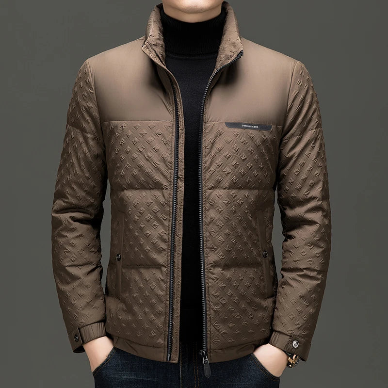 Men's thick duck down jacket in brown with stand collar and full front zipper.