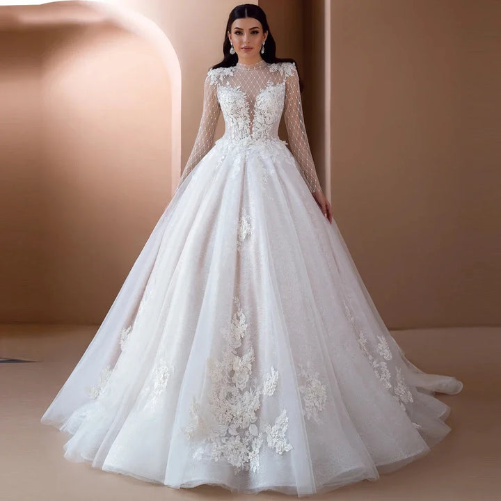 Lace Appliques High Neck Bridal Dress