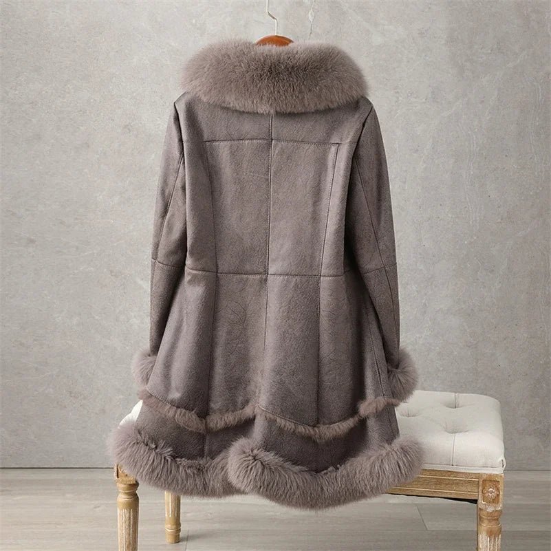 Women’s rabbit-fur trimmed trench coat with light grey hood and hem, back view