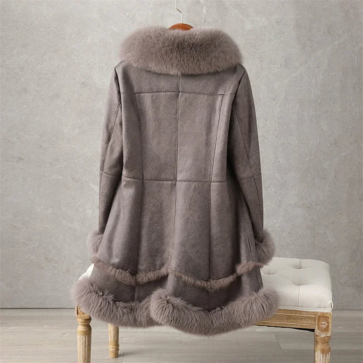 Women’s rabbit-fur trimmed trench coat with light grey hood and hem, back view