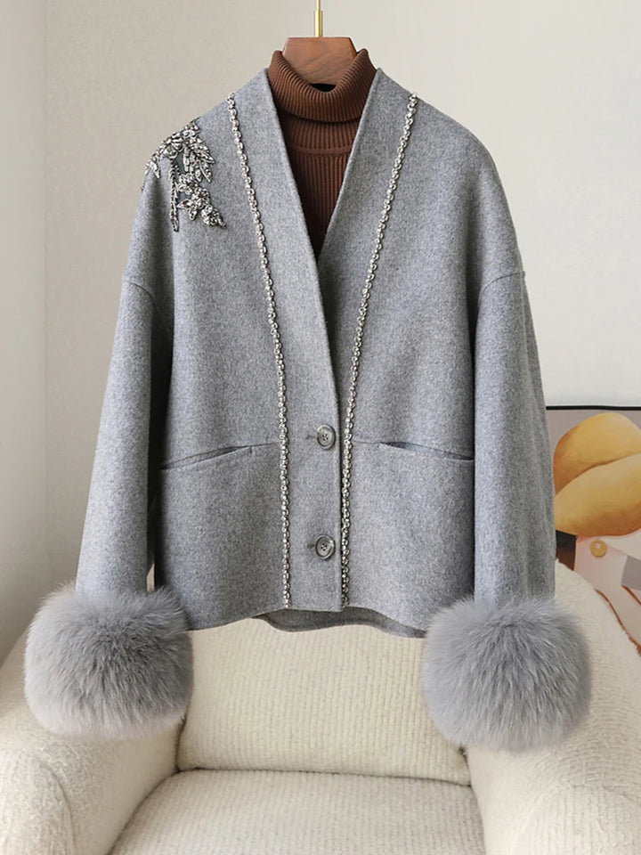 Real Natural Warm Wool Fur Cuff Coat
